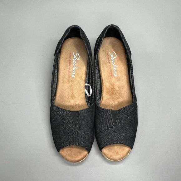 Skechers Wedge Sandals Women's Size‎ 8 Dark Blue Denim Espadrille Open Toe Heels - Picture 3 of 12